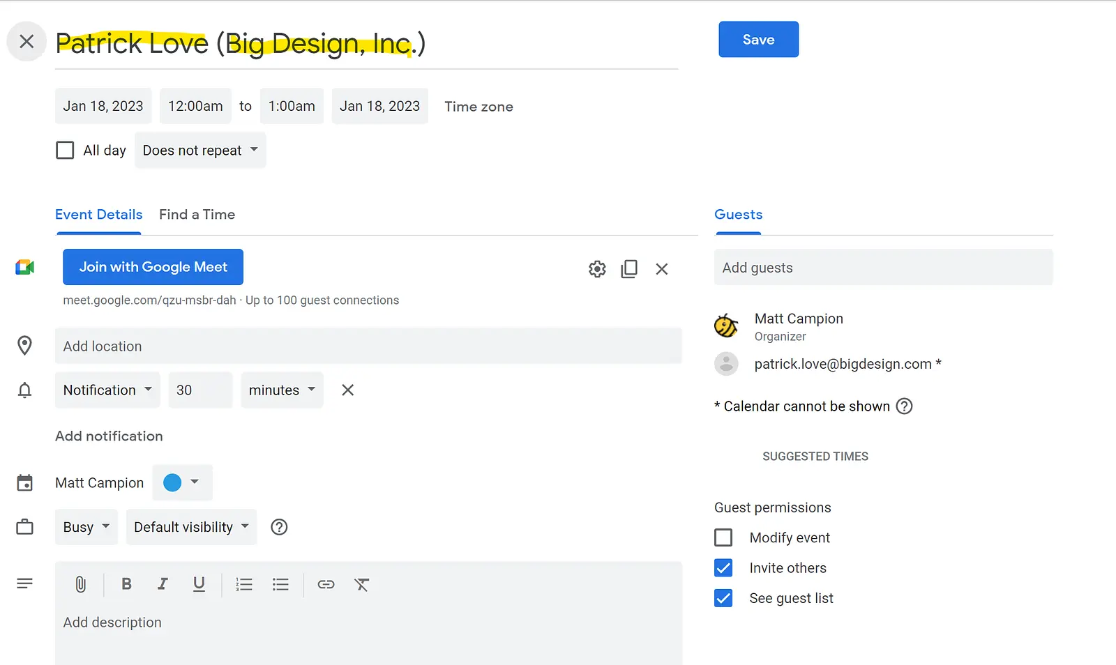A meeting will be created with: Event Name = Contact Name (Company Name)