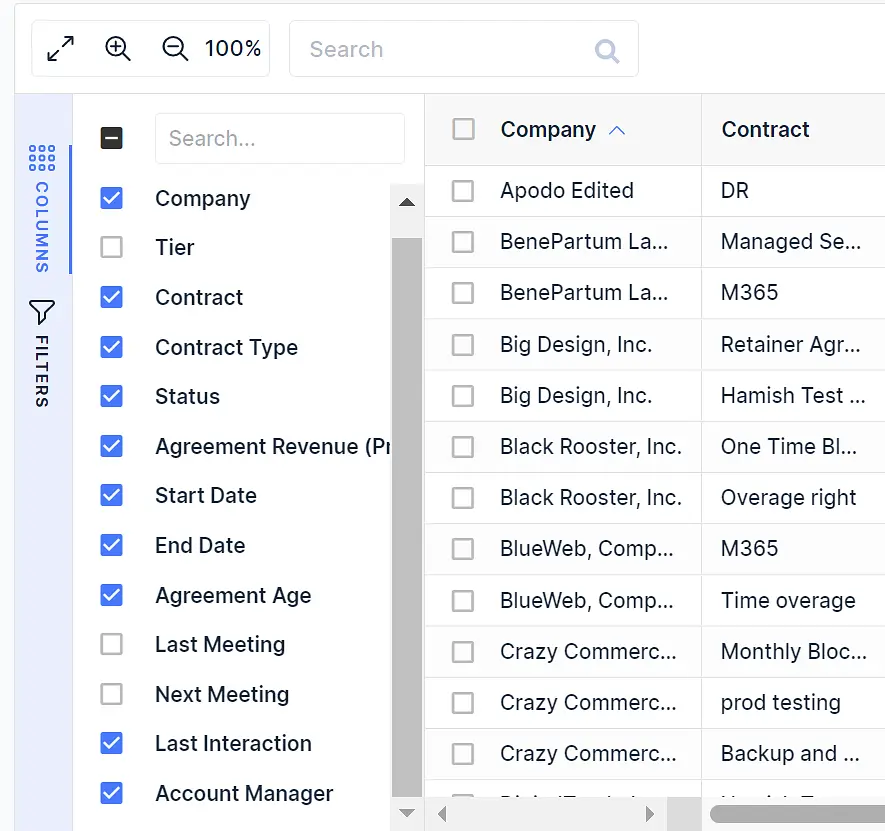 Add or remove columns from the table using the "Columns" selector in purple on the left hand-side