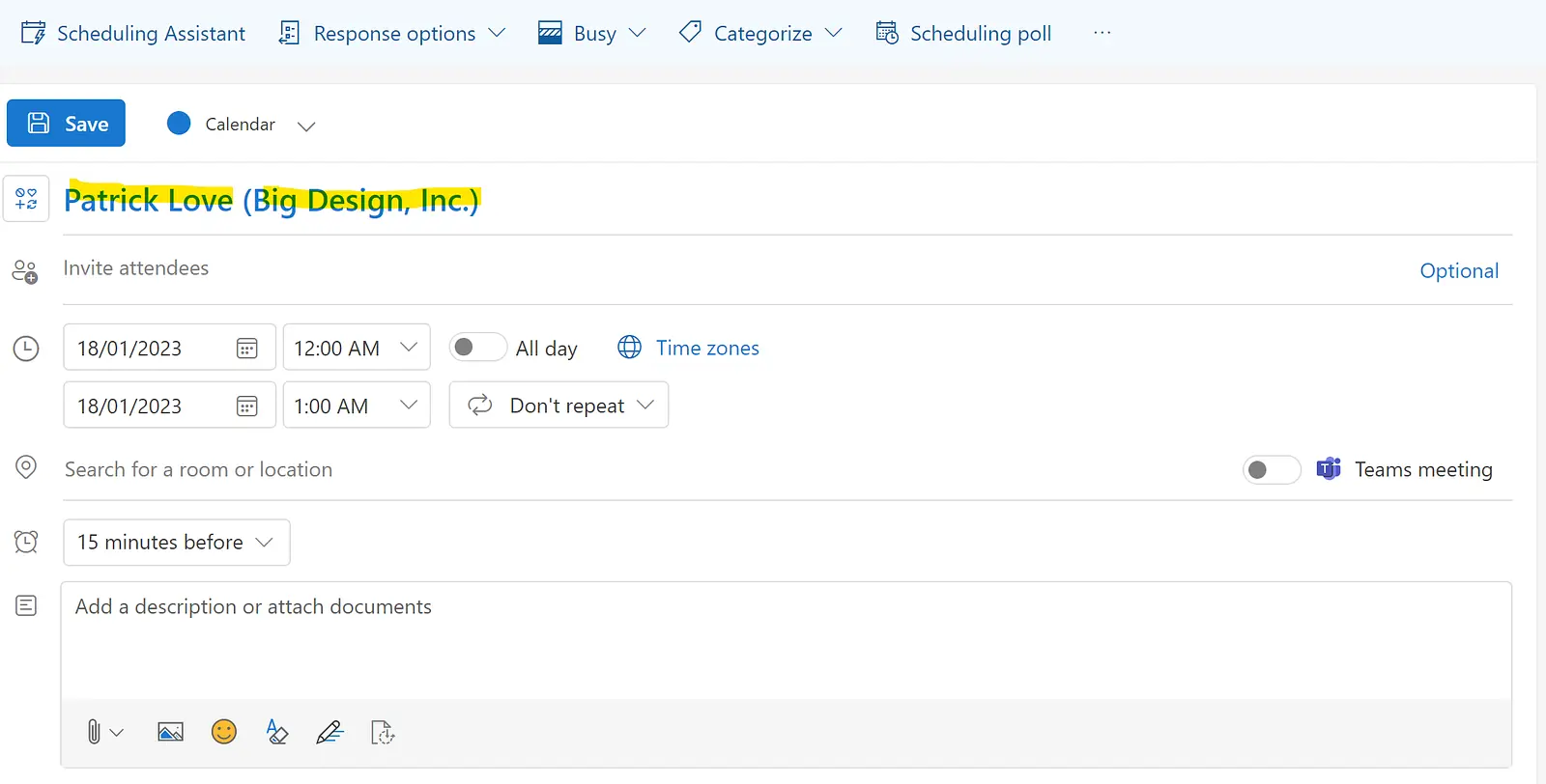 A meeting will be created with: Event Name = Contact Name (Company Name)