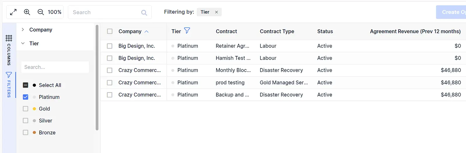 Can filter on one or many columns using the "Filters" sidebar, for example, here the table is filtered only on "Platinum
