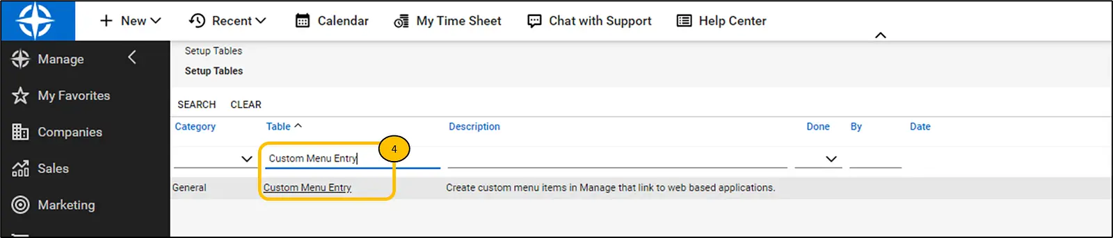 Click on the search results of "Custom Menu Entry."