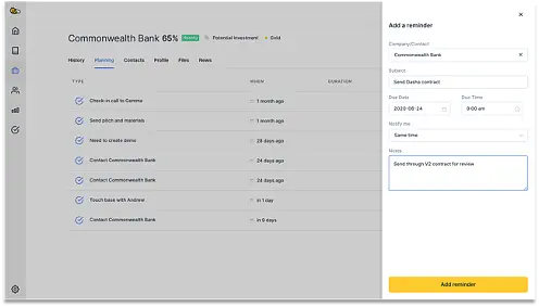 Add a reminder against a company or contact by selecting '+ Add Reminder' when you are on a company or contact dashboard