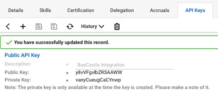 After saving, a Public Key and a Private Key will be displayed.