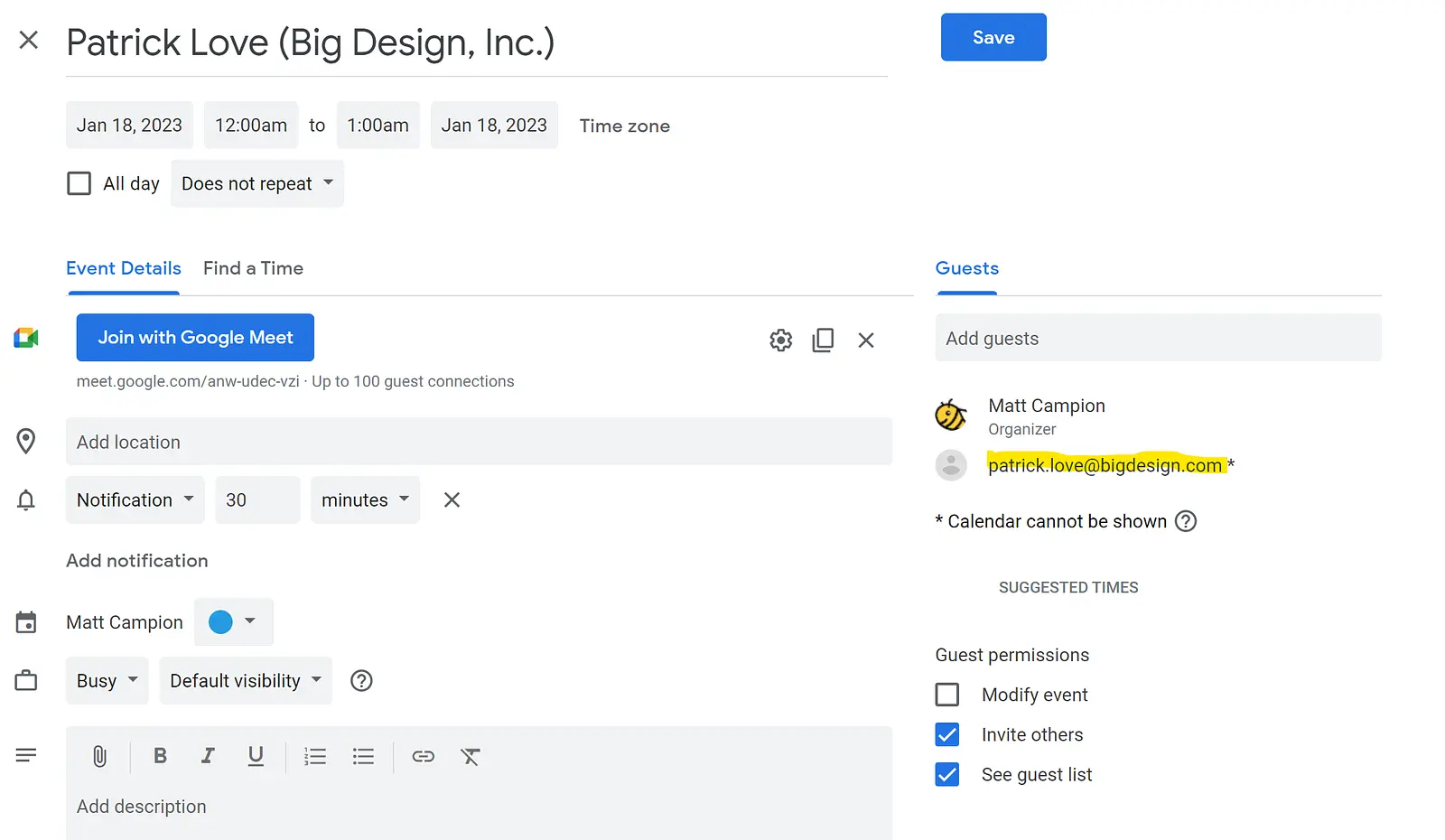 The attendees email is automatically added to the event