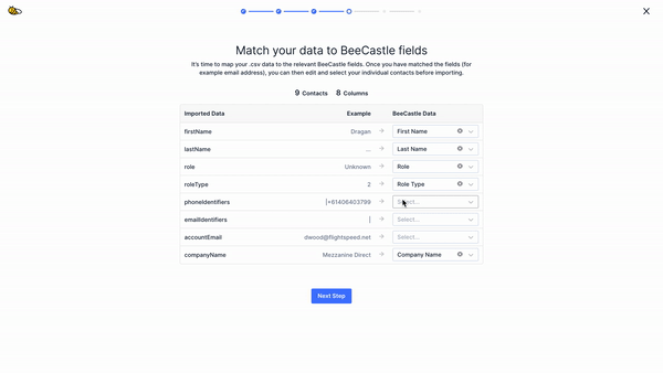 3. Match up the the fields in your .csv file with BeeCastle fields