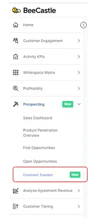 You can find "Contract Tracker" under "Prospecting" as shown in the screenshot below.