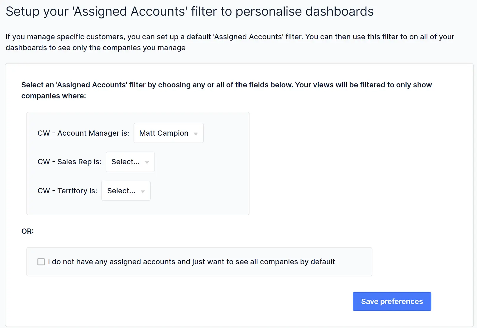 The user can select the values for each of the fields available. Please note: these values map from the Company and Comp