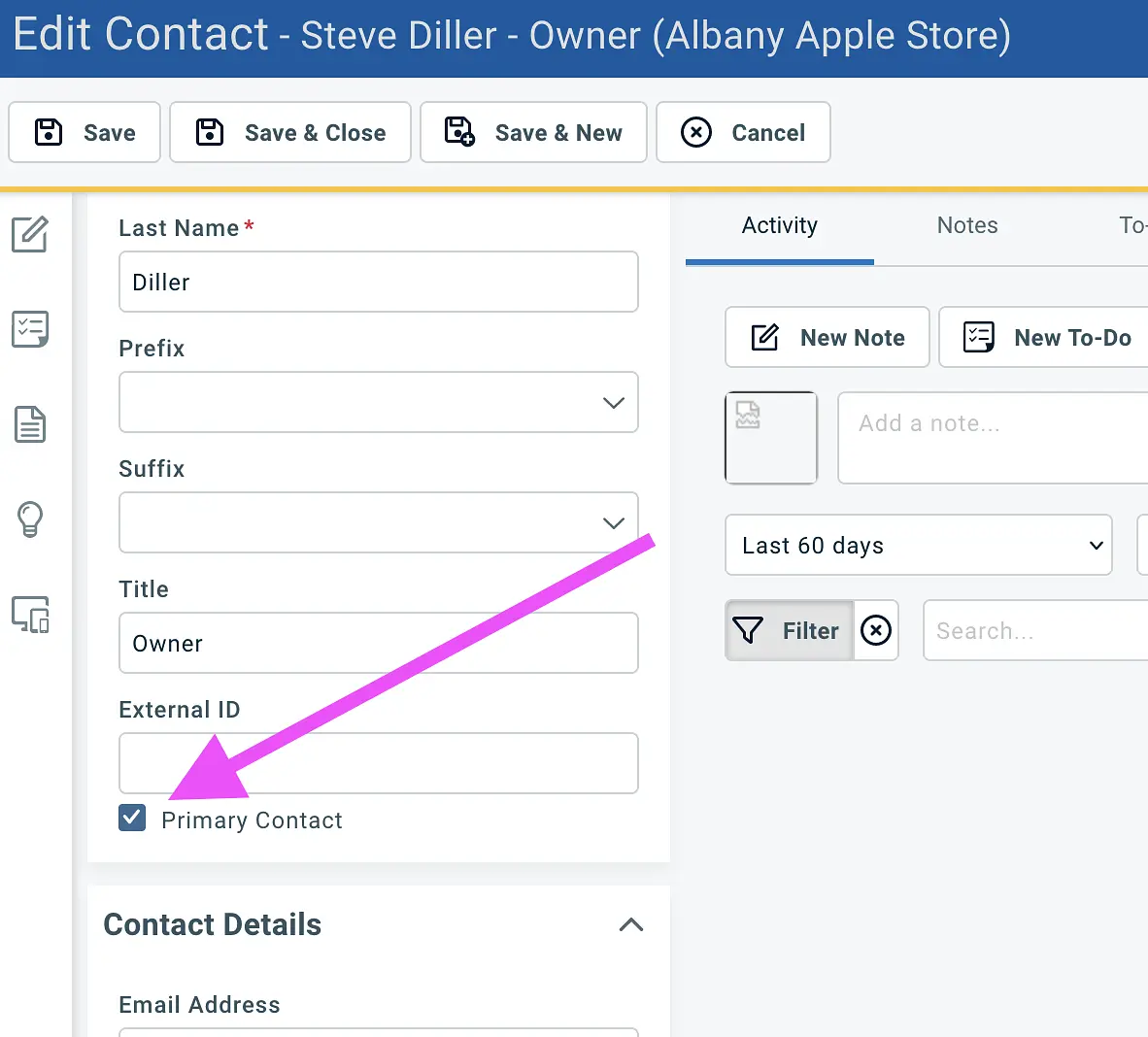 To set this field, navigate to the contact you wish to set as the primary contact, Edit, and check the Primary Contact b