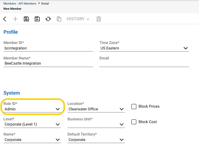 Enter Member Information (e.g. BeeCastle Integration) including Member ID and Member Name. Ensure that the Role ID is se