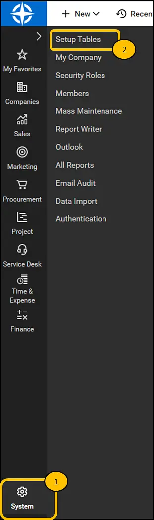 Within ConnectWise navigate to System -> Setup Tables.